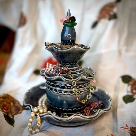 Elegant Handmade Stacking Blue Ceramic Trinket Tower with Ring Holder